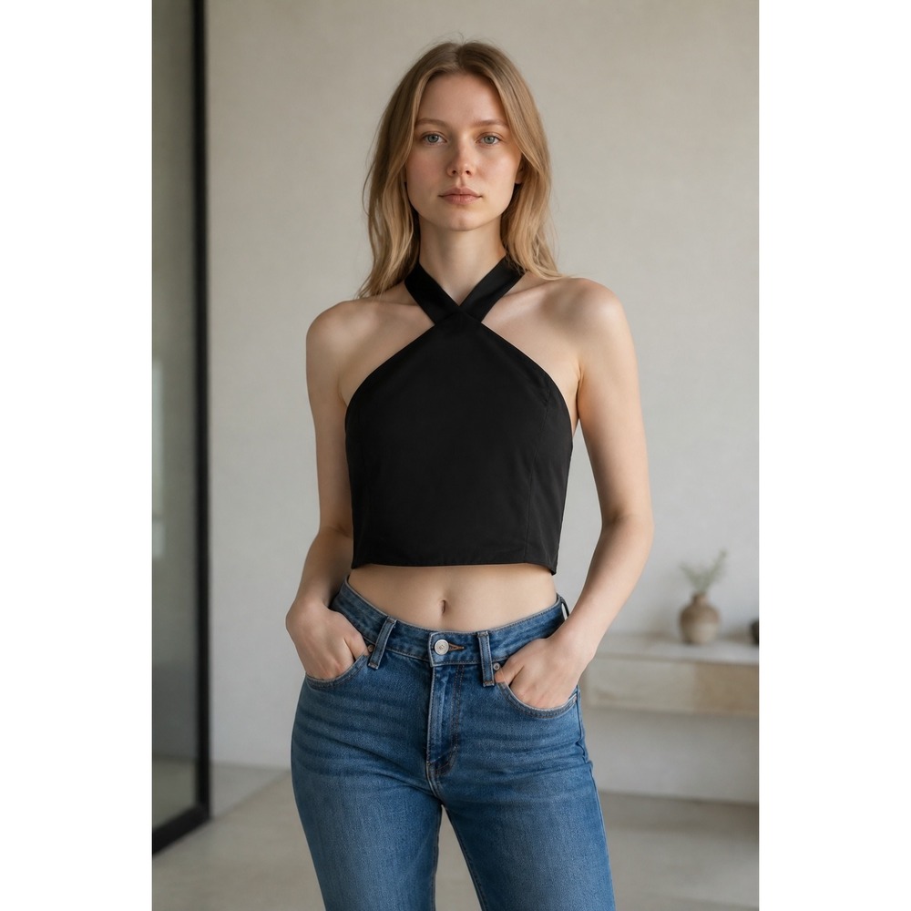 Old Navy The Occasion Black Velvet Bow Halter Crop Top Smocked Back 843887 L